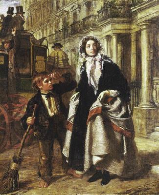 William Powell Frith Lady waiting to cross a street, with a little boy crossing-sweeper begging for money. china oil painting image